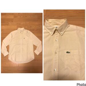 良品☆ファブリカ製／LACOSTE・ラコステ サイズ4 薄手長袖BDストライプシャツ・ワニロゴマーク刺繍入&マチ.ポケット付 フレンチブランドIVY