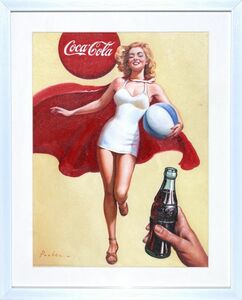 精密油彩 油絵 人物画『コカ・コーラ 2』Parker作 肉筆 アクリル板付 レトロ 広告 ビンテージ おしゃれ R11-A1917