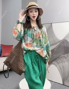 *:.*3XL ★夏の 新品★大きいサイズ★かわいい２点セットシフォン素材のほんわり柄TOPSとぽってり緑麻パンツのセットアップ