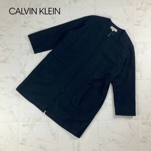 美品 Calvin Klein カルバンクライン ウール ミディアム丈 ノーカラーコート レディース アウター 黒 ブラック サイズ9*LC265