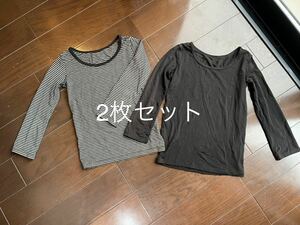 ユニクロ　UNIQLO ヒートテック　インナー　クルーネック　長袖　2枚セット　黒　ボーダー　長袖シャツ インナー キッズ 子供　100