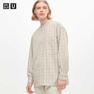 ★新品未使用★UNIQLO U フランネルオーバーサイズスタンドカラーチェックシャツ ナチュラル Lサイズ タグ付き　ユニクロユー