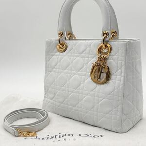 美品 クリスチャンディオール Dior レディディオール ミディアム 2WAY ホワイト ゴールド金具 ラムスキン カナージュ 保存袋あり