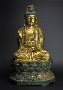 清 銅鍍金観音坐像 中国 古美術