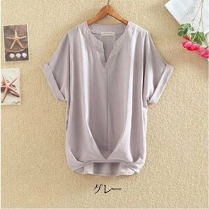 ブラウス 半袖 レディース シャツ トップス オフィス 事務服 ゆったり きれいめ 夏 春 Vネック グレー 3XL