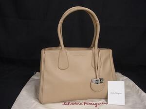 1円 ■美品■ Salvatore Ferragamo フェラガモ GG-21 E605 レザー トートバッグ ショルダー 肩掛け ベージュ系 FI4919