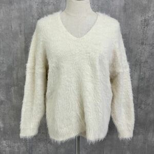 JEANASIS Vネック セーター シャギーニット モヘア風 長袖 ホワイト系 白系 KNIT フリー H1-757