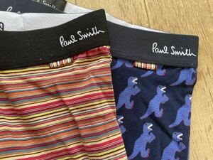 即決！ポールスミス！PAUL SMITH LOWRISE & SHORT BOXER ボクサー 2枚組 M マルチボーダー柄レッド&恐竜柄ネイビー