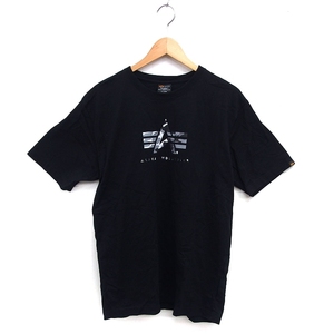 アルファ ALPHA カットソー Tシャツ リブ ロゴ プリント クルーネック コットン 綿 半袖 XL 黒 ブラック /NT30 メンズ