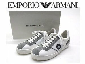 6万新品◆9=28cm◆【EMPORIO】アルマーニ イーグルロゴモチーフ スエードレザー切り替え ロートップスニーカー 白×薄灰 1円