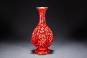 【善古堂】某有名オークション買入 時代物 堆朱 雕漆 花卉紋花瓶 銅胎 インテリア 骨董品 古美術1225-364S04　