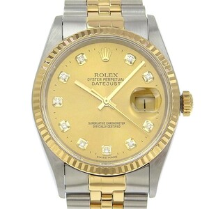 【本物保証】 箱付 新品同様 ロレックス ROLEX デイトジャスト 16233G シャンパン文字盤 10Pダイヤ K18YG SS コンビ 2024/08OH済 自動巻