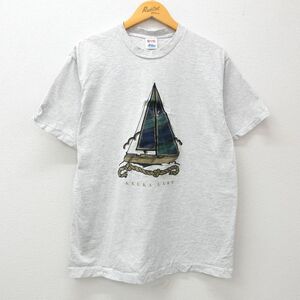 L/古着 アメリカンイーグル 半袖 ビンテージ Tシャツ メンズ 90s ヨット キューカ コットン クルーネック 薄グレー 霜降り 24mar23 中