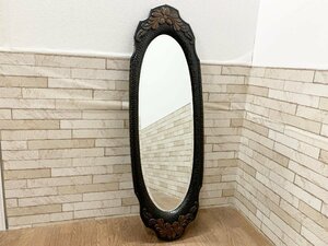 民芸調木彫りウォールミラー 姿見 鏡 壁掛けミラー 全身 アンティーク 木彫り 118×38.5cm