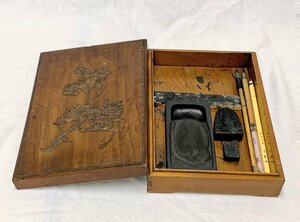 14617/昭和レトロ 木製 桜彫刻 硯箱 硯/墨/筆付 書道具セット ヴィンテージ 現状品