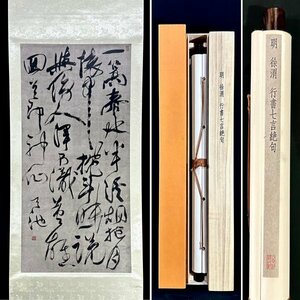 【模写 印刷工芸】二玄社 明 徐渭「行書七言絶句」掛軸 紙本 書 複製 印刷 工芸 中国明代の文人 画家 紹興の人 共箱 ｈ9805z