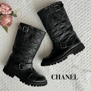 希少美品■シャネル CHANEL CC ココマーク キルティング マトラッセ レザー ナイロン エンジニア ショート ブーツ 36