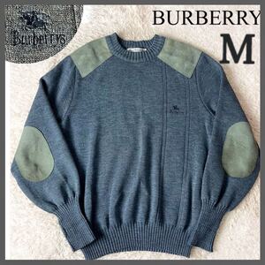 BURBERRY BURBERRYS バーバリー メンズ エルボパッチ ニット セーター ブランドロゴ ワンポイント刺繍 ウール ホースロゴ ブルー 青 M