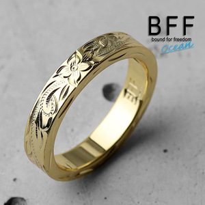 BFF ブランド プルメリア 幅4mm 平打リング ゴールド 18K GP 金色 マイレ 手彫り 専用BOX付属 (19号)