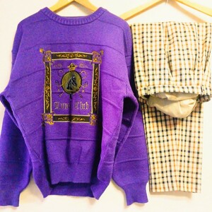 DAKS 90s vintage old 馬柄 刺繍 紫ニット セーター チェック柄 スラックス 2着SET　ウール100