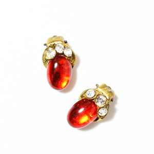 Vintage 　1930′s 　clear×red rhinestone×glass goldmetal earrings