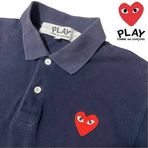 人気のネイビー【PLAY COMME des GARCONS】半袖ポロシャツ 赤ロゴワッペン コムデギャルソン Mサイズ相当 濃紺 春夏 極上コットン100% 良品