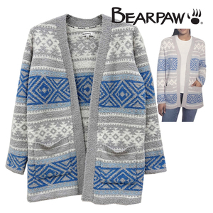 新品 S ★ BEARPAW ベアパウ レディース カーディガン ブルー グレー ノルディック柄 もこもこ ふわもこ 前開き ルームウェア コストコ