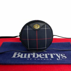 極 美品 Burberrys バーバリーズ シャドーホース 金具 ノバチェック レザー キャンバス ショルダーバッグ ポシェット ネイビー 紺 36921