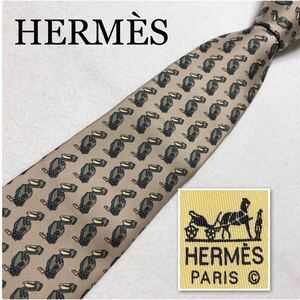 ■美品■HERMES エルメス　ネクタイ　ハシビロコウ　アニマル　総柄　シルク100% フランス製　ベージュ×グリーン　ビジネス