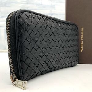 箱付き【入手困難】パイソン柄 ボッテガべネタ BOTTEGAVENETA ラウンドファスナー ジップ 長財布 イントレチャート メンズ 黒 ビジネス 1円