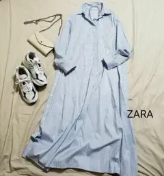 ZARA ザラ 未使用 ストライプ柄ロングシャツワンピース ライトブルー