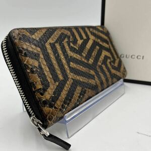 1円●極美品●GUCCI グッチ 長財布 ラウンドファスナー ジップ ウォレット パイソン カレイド 本革 ブラック 黒 メンズ レディース 男女