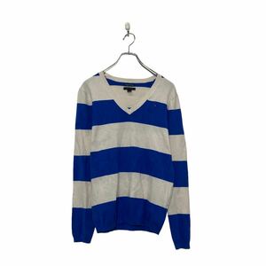 Tommy Hilfiger コットン ニット セーター トミーフィルフィガー M ボーダー ブルー Vネック 古着卸 アメリカ仕入 a606-6345