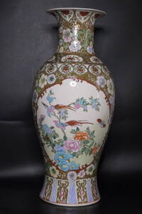 【友】旧家蔵出 陶磁器 景徳鎮製 色絵 花鳥唐草図 花入 花瓶 高さ62cm 中国古玩 唐物 中国美術