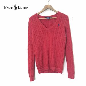 A782-N◆old◆ Ralph Lauren SPORT ラルフローレン コットンニット Vネック ケーブル編み レディース ◆sizeXS レッド 赤 綿100