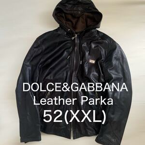 美品!2XLドルチェ＆ガッバーナ DOLCE&GABBANA ジップアップ レザーパーカー レザーロゴプレート ブルゾン 茶52高級ライダース