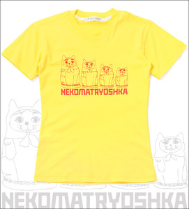 新品 プリントTシャツ/イエロー/ネコマトリョーシカ 猫Tシャツ ねこT レディースMサイズ