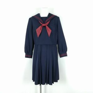 1円 セーラー服 ジャンパースカート スカーフ 上下3点セット 冬物 赤2本線 女子 学生服 中学 高校 紺 制服 中古 ランクB NA9450