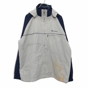 Champion ナイロン ジャケット L ライトグレー ネイビー チャンピオン フーディー 裏メッシュ 古着卸 アメリカ仕入 a512-5528