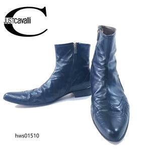 JUST cavalli ブーツ サイドジップ イタリア製 ポインテッドトゥ 42 ジャストカヴァリ メンズ とんがりブーツ レザー ブラック hws01510