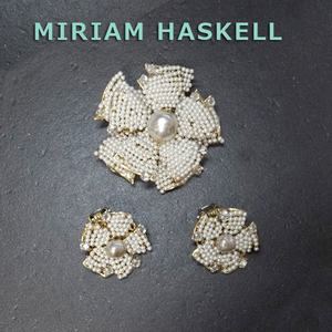 ミリアムハスケル◆白シードパール花のブローチ＋イヤリング：ヴィンテージコスチュームジュエリ ー：Miriam Haskell