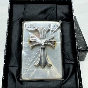 [未使用]　[着火未確認]ZIPPO ジッポ ライター 立体クロス 十字架 ドクロ 骸骨 オイルライター シルバーカラー 中古品 箱有り