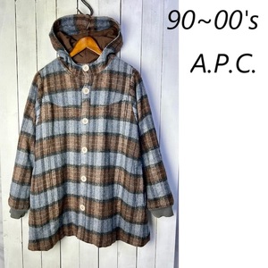 90s～00s A.P.C. アーペーセー Aライン フード付中綿ハーフウールコート S オールド ヴィンテージ チェック アーカイブ 秋冬 ●150