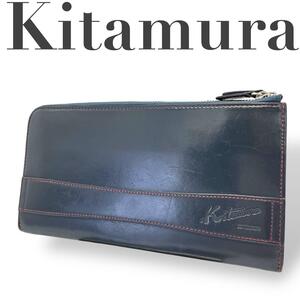 美品　Kitamura キタムラ　長財布　ネイビー　レザー　ステッチ