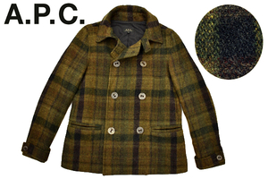 A-4751★美品★A.P.C. RUE MADAME PARIS アーペーセー リュ マダム パリ★カーキ系 チェック ツイード ウール P ピ-コート ジャケット XS 