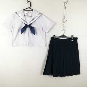 1円 セーラー服 スカート スカーフ 上下3点セット 165 大きいサイズ トンボ 夏物 青2本線 女子 学生服 中学 高校 白 中古 ランクC EY0256