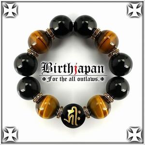 20mm/ロンデル×オニキス/虎目石タイガーアイ数珠ブレスレット