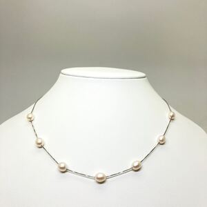 1円〜!!《本真珠ステーションネックレス》D 約5.1g 約43.0cm 約7.0-8.0mm珠 パール pearl necklace jewelry Pt850 CA1/CA1 182