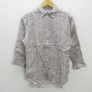 n■ユナイテッドアローズ/GREEN LABEL RELAXING 総柄 ボタンダウン 七分袖リネンシャツ【M】茶/MENS/38【中古】■