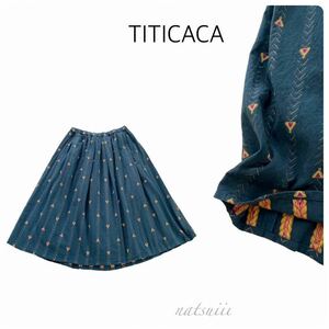 TITICACA チチカカ . 人気 トライアングル 総柄 刺繍 ギャザー フレア スカート インド製 くすみ ブルー 送料無料